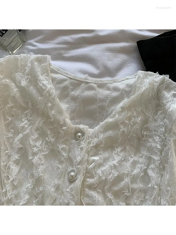 Women`s Blouses White Color Lace Patchwork Women Over-shirt 2023 Spring V-neck Slim Lady Puff Sleeve Shirt Vintage Pearl Button Design