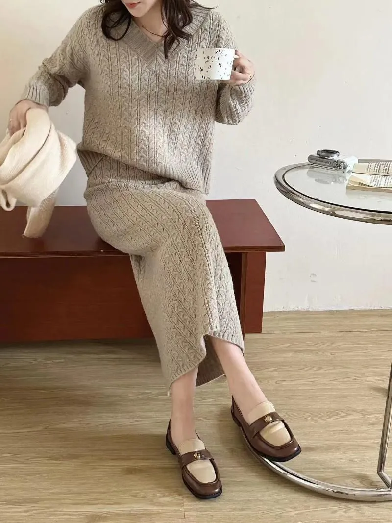 Work Dresses Women Dress Sets Two Pieces Knitting Twist Sweaters Skirts V Neck Jumpers Solid Loose Pullovers Winter Warm High Street