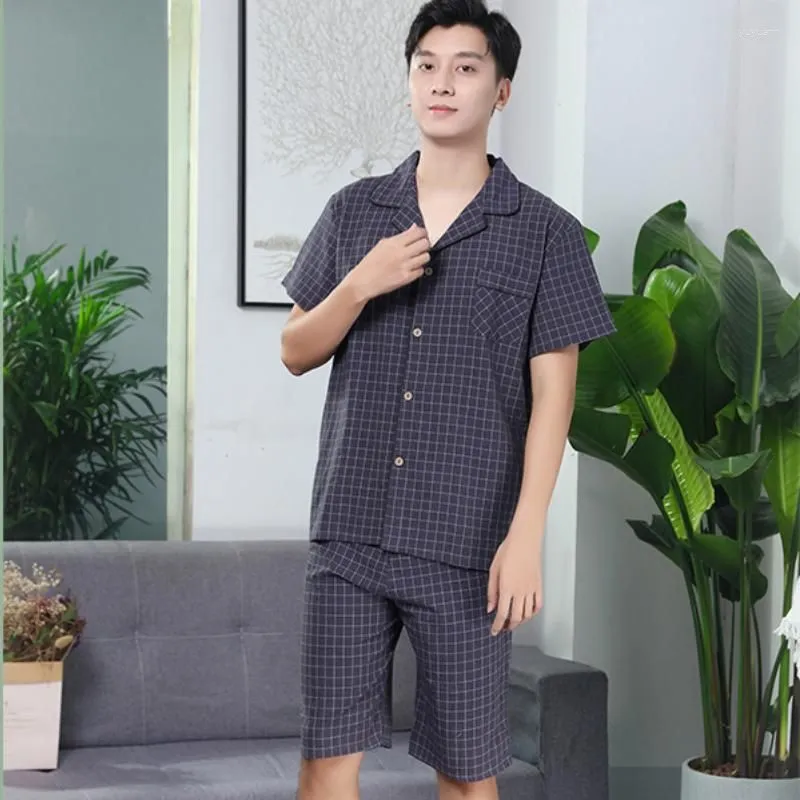 Women`s Sleepwear 2023 Summer Couple Pajamas Cotton Short Sleeve Shorts Men And Women Loose Home Suit Plaid Two Piece Plus Size