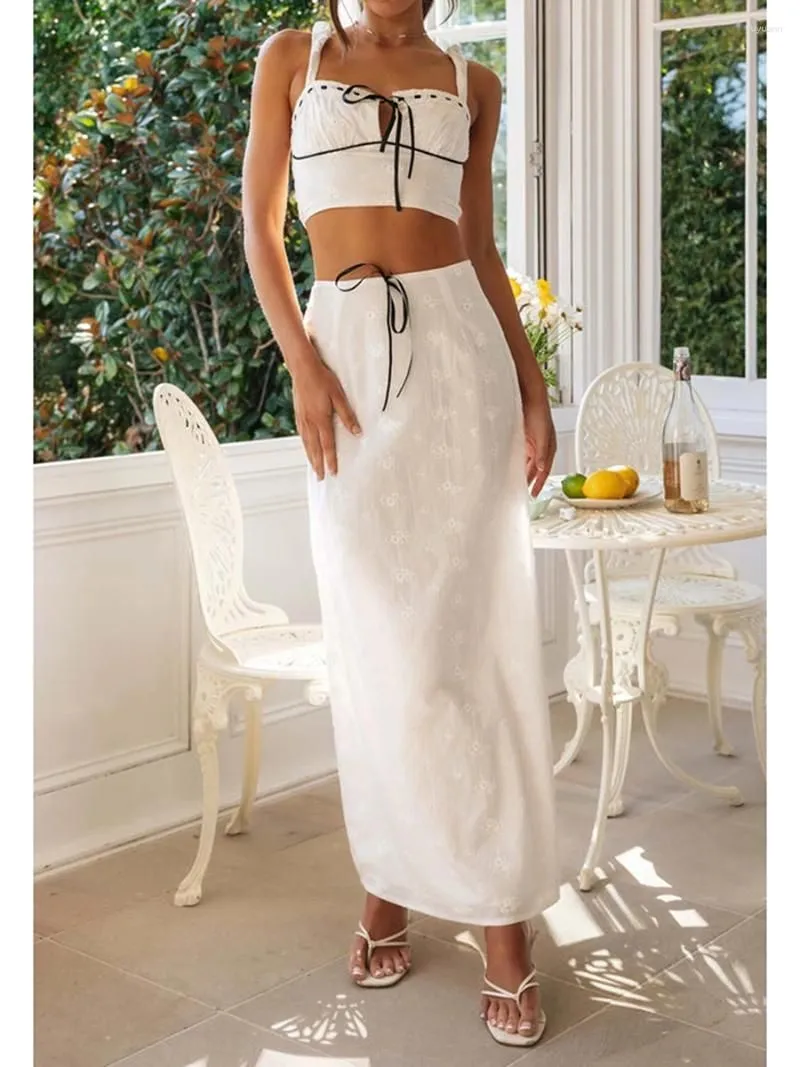 Work Dresses Women Vacation 2 Piece Skirt Outfits Summer Sleeveless Crop Tank Top High Waisted Ruffle Maxi Beachwear