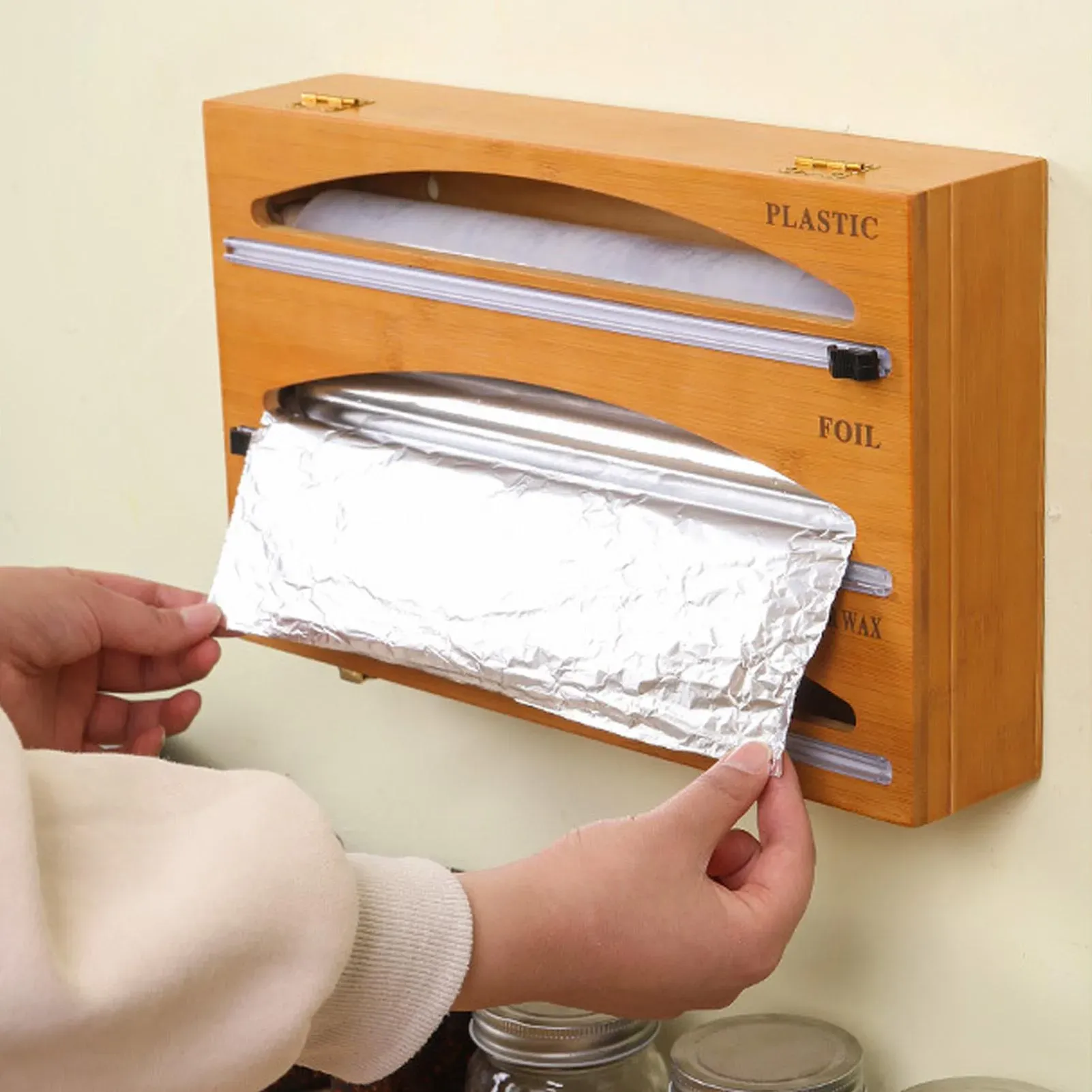 Organization 3 IN 1 Plastic Wrap Dispenser with Cutter Food Wrap Cling Film Storage Organizer Acrylic Foil Organizer for Kitchen