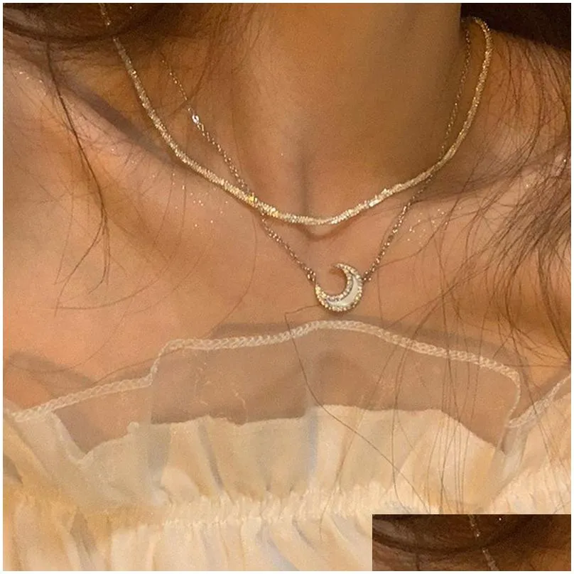 Pendant Necklaces European Fashion Moon Necklace Bling Chain Two In One Stackable Crescent For Women Female Birth Year Jewelry Drop De Dh21Q