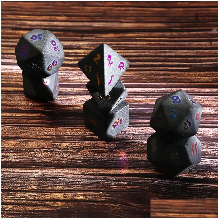 Natural Obsidian Polyhedral Loose Gemstones Dice 7pcs Set Dungeons & Dragons Plating Fonts Stone Dice Set DND RPG Games Ornaments Spot Goods Wholesale Accept