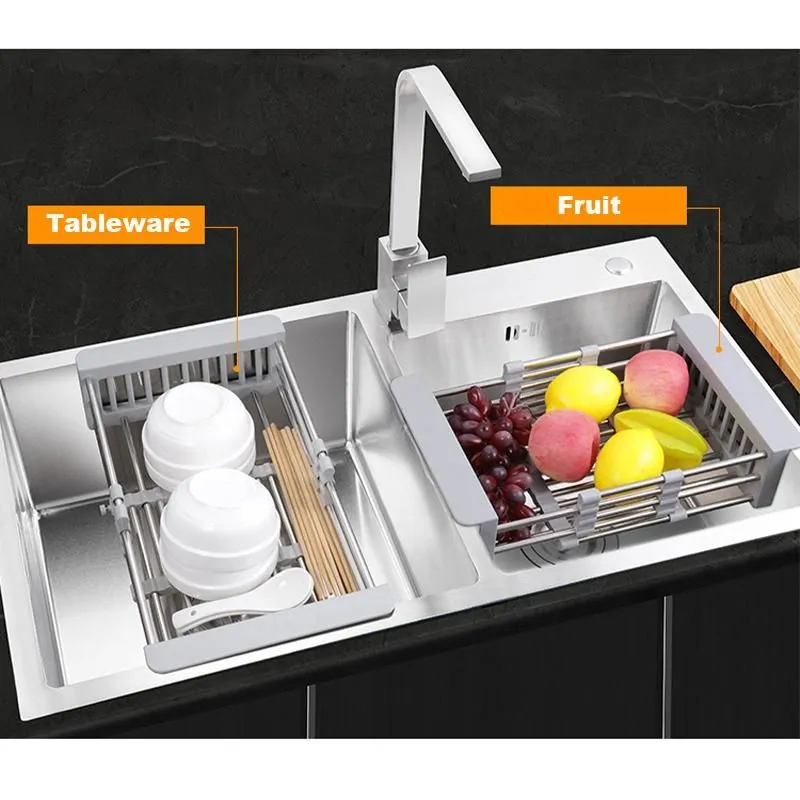 Organization Adjustable Dish Drying Rack Telescopic Drain Basket with Retractable Armrest Kitchen Rack Basket Over The Sink Dish Drying