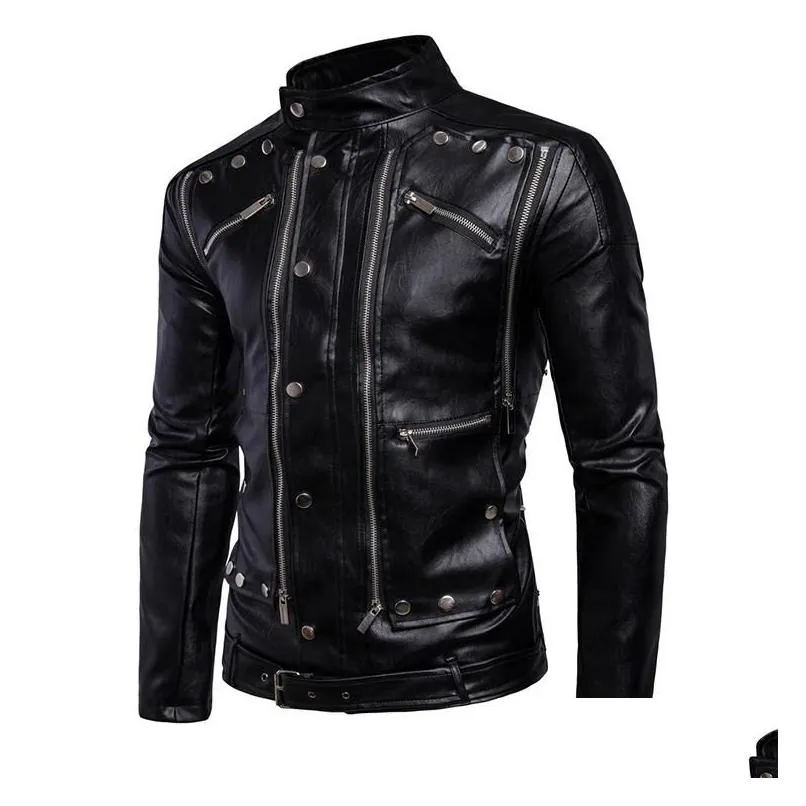 Men`S Fur & Faux Mens Leather Jacket With Many Zippers Coat Biker Motorcycle Black Asian Size Drop Delivery Apparel Clothing Outerwear Dh3Ws