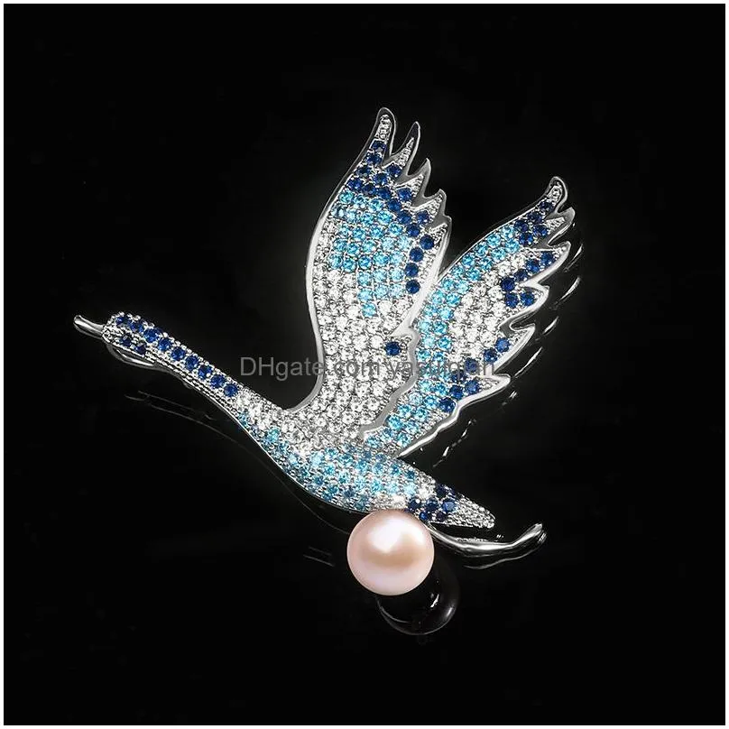 Pins, Brooches Animal For Women Luxury Inlaid Zircons Crane Cor Pins Witn Pearl Clothing Accessories Jewelry Gift To Drop Delivery Dhleu