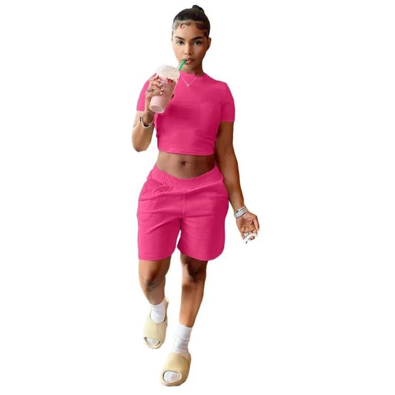 Women`S Tracksuits Womens Solid Color Round Neck Y Crop Top And Casual Shorts Sweatsuits Summer Arrival Two Piece Set Women Jogger Dr Dhgmg