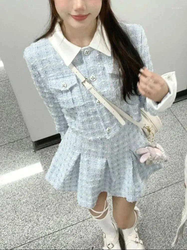 Work Dresses Japanese Elegant Retro 2 Piece Set Women Blue Pleated Sweet Skirt Suit Female Korean Fashion Long Sleeve Vintage 2023