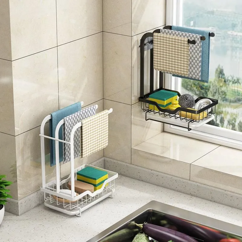 Organization Self Adhesive Countertop Rack Washcloth Drain Rack Soap Sponge Holder Organizer Sink Shelf Hanger Storage Basket Kitchen