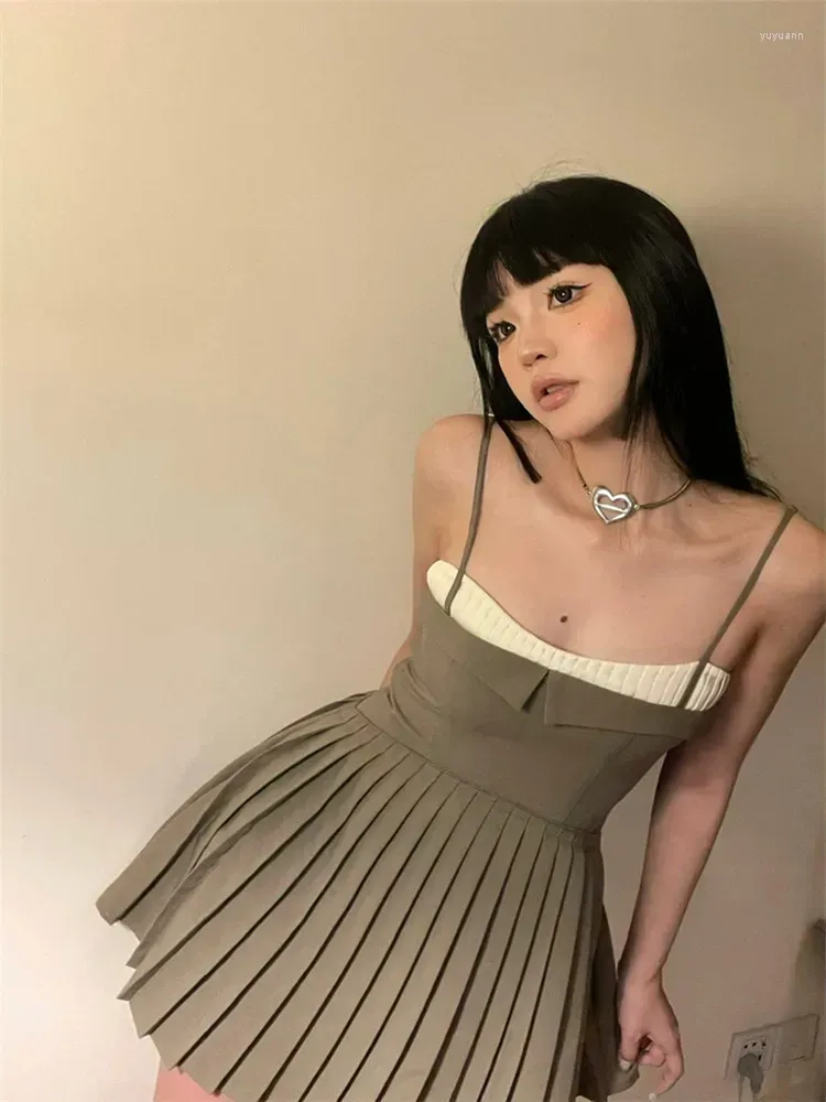 Casual Dresses Sweet Y2K Style Chic Pleated A-line Short Skirt Slash Neck Alim Patchwork Ballet Strap Dress Summer Super Mini Party