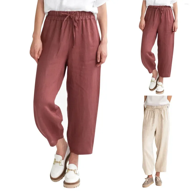 Women`s Pants Summer Solid Color Casual Loose Pocket Cotton Linen Nine Minute Pantalones De Mujer Ropa