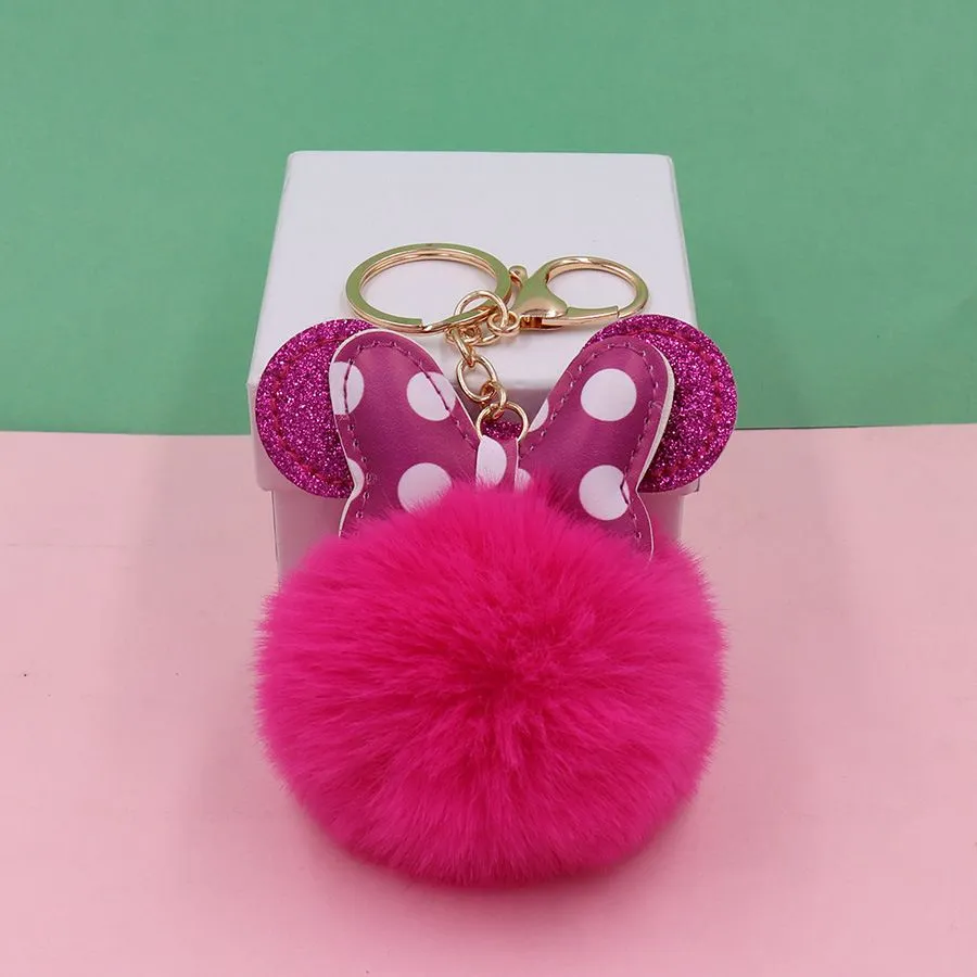 Cute Pompom Key Chains Jewelry Accessories Polka Dot Bow Mouse Design Fluffy Faux Rabbit Fur Ball Keychains Women Girls Car School Bag Key Rings Charm Keyrings
