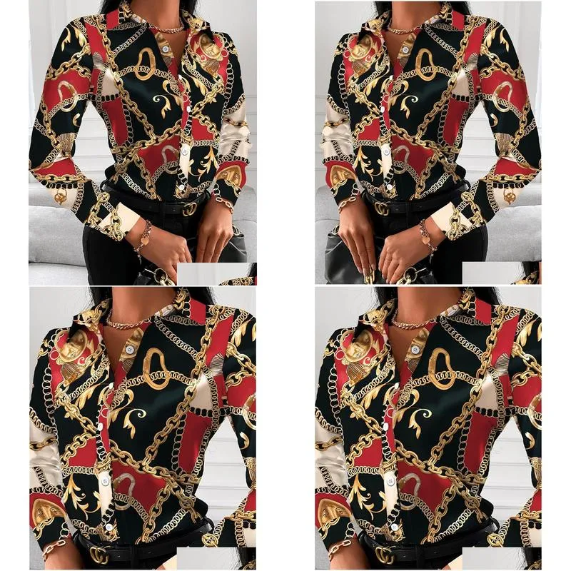 Women`S Blouses & Shirts Womens Fashion Trend Women Slim V-Neck Shirt Contrast Color Long-Sleeved Top High-Waist Tight-Fitting Printi Dhztj