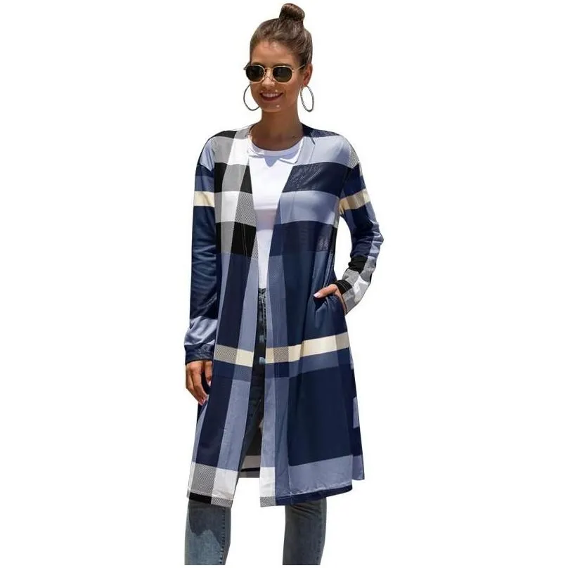 Women`S Knits & Tees Womens 2021 Autumn Winter Plaid Thin Knitted Long Cardigan Women Sleeve Plus Size Vintage Cardigans Female Knit C Dh7Ta