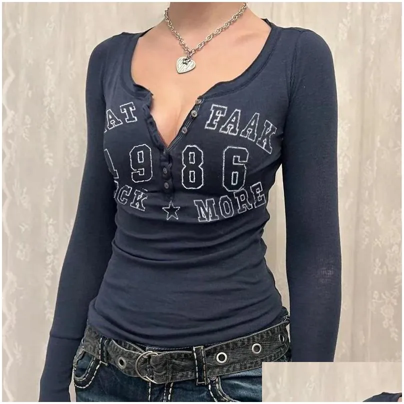 Women`S T-Shirt Womens T Shirts Work Solid Tee Y2K Button Fl Sleeve Aesthetic Harajuku Retro Basic Crop Top Drop Delivery Apparel Clot Dhg7O