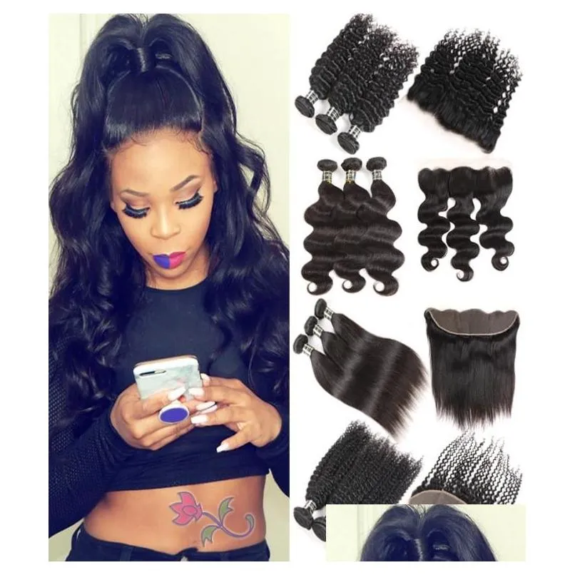 Peruvian Body Wave Bundles with Lace Frontal Brazilian Deep Wave Kinky Curly Virgin Human Hair Weave 34 Bundles with Frontal