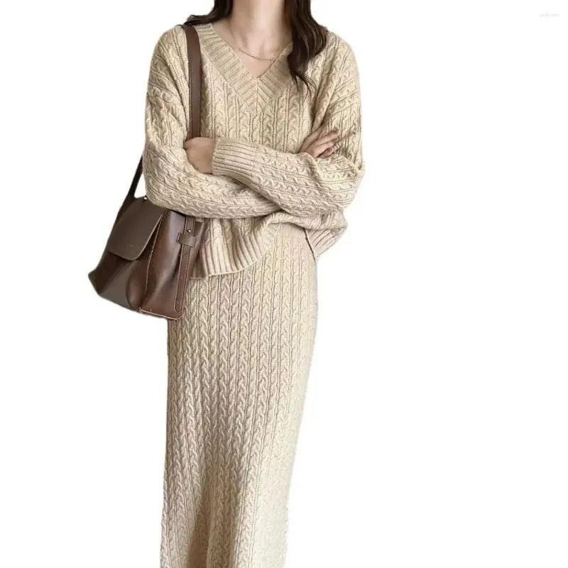 Work Dresses Women Dress Sets Two Pieces Knitting Twist Sweaters Skirts V Neck Jumpers Solid Loose Pullovers Winter Warm High Street