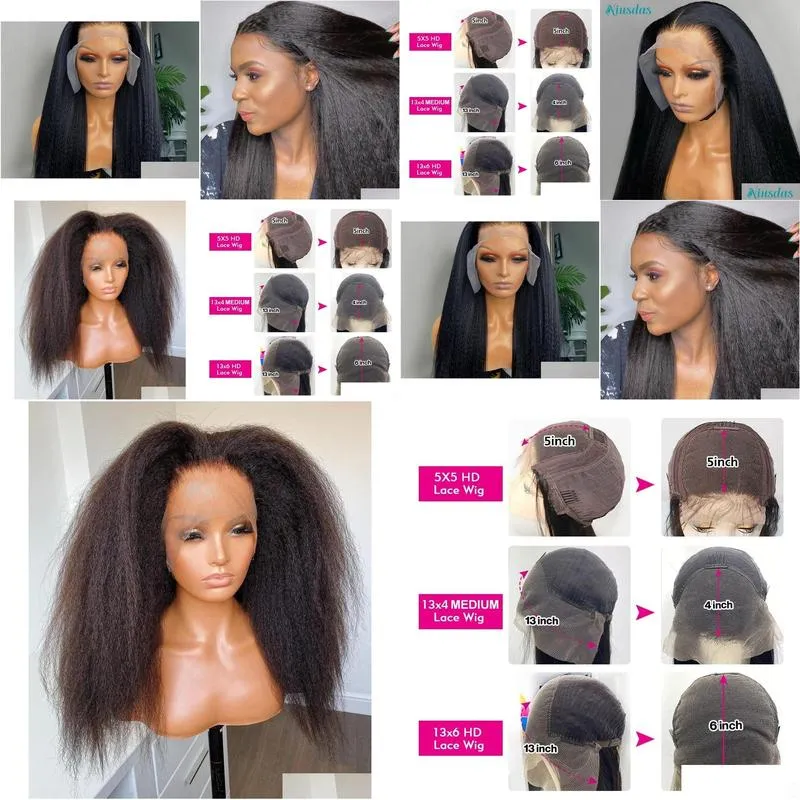 Transparent Kinky Straight 13x6 Lace Frontal Wigs Yaki Straight Human Hair Wig Pre Plucked Glueless Lace Closure Wig 250 Density