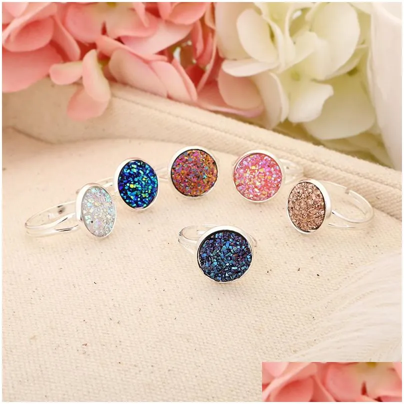 With Side Stones Fashion Jewelry Luxury Sier Gold Druzy Ring 12Mm Bling Round Resin Stone Adjustable Rings For Women Ladies Jewellry Dhc5K