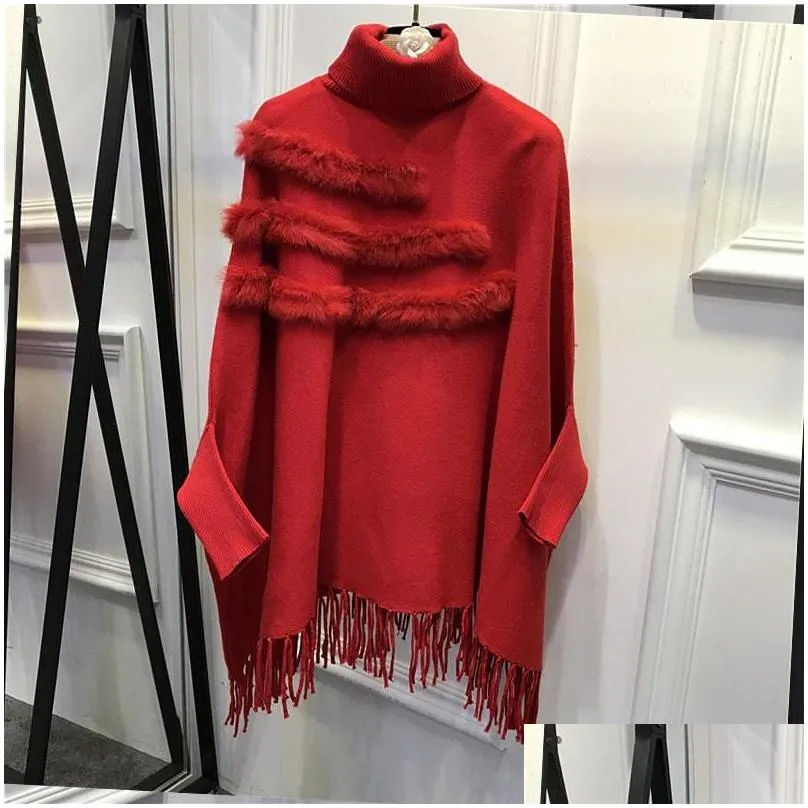 Women`S Sweaters Women Real Fur Cloak Plover New Arrival Fashion Autumn And Winterlady High Collar Bat Sleeves Tassel Poncho Sweater Dhgir