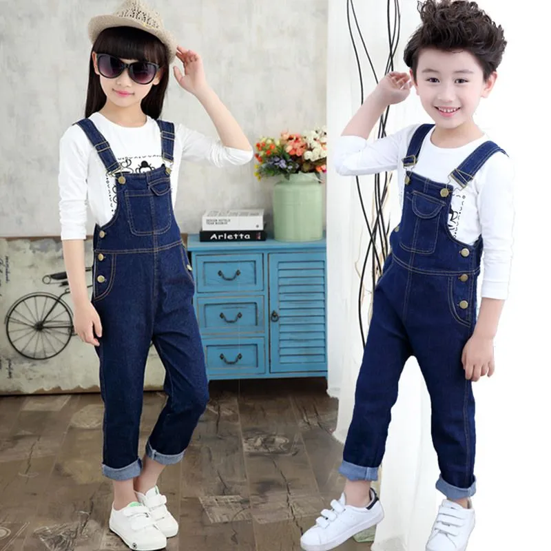 Kids Denim Overalls for Teenagers 4-13 years Spring Denim Dungarees Girls Pocket Jumpsuit Children Boys Pants Children`s Jeans