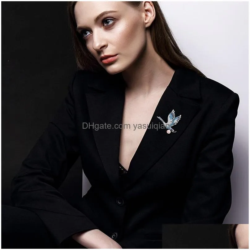 Pins, Brooches Animal For Women Luxury Inlaid Zircons Crane Cor Pins Witn Pearl Clothing Accessories Jewelry Gift To Drop Delivery Dhleu