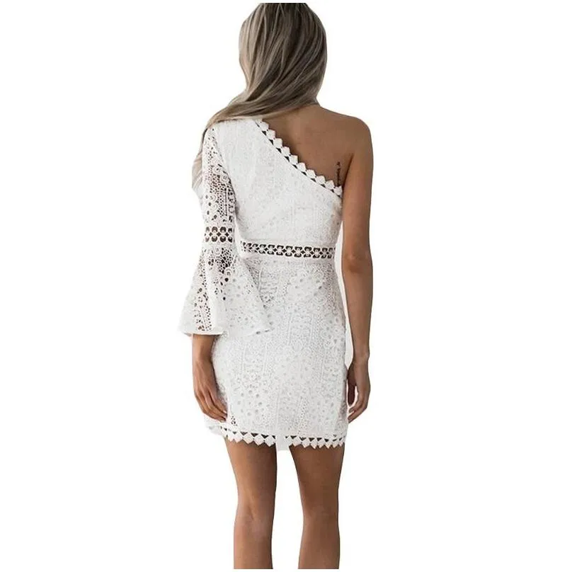 Basic & Casual Dresses Women White Lace Dress Y One Shoder Flare Sleeve Cloghet Bodycon Hollow Out Clubwear Mini Party Drop Delivery Dh80J