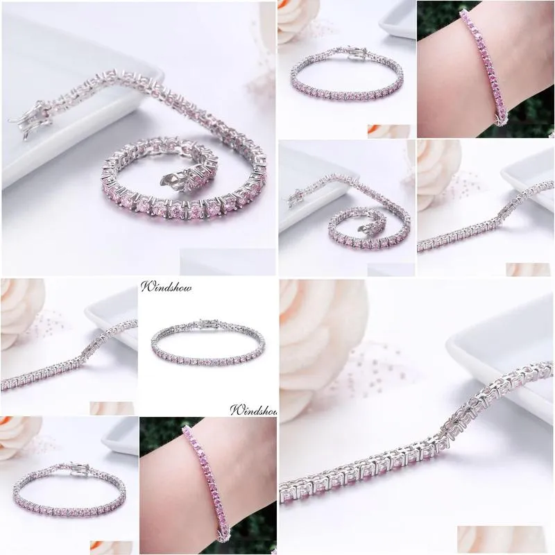 bangle 3mm 925 sterling silver cluster round pink cz ziron tennis bracelets women pulseras pulseira bracelete jewelry girl friend gift