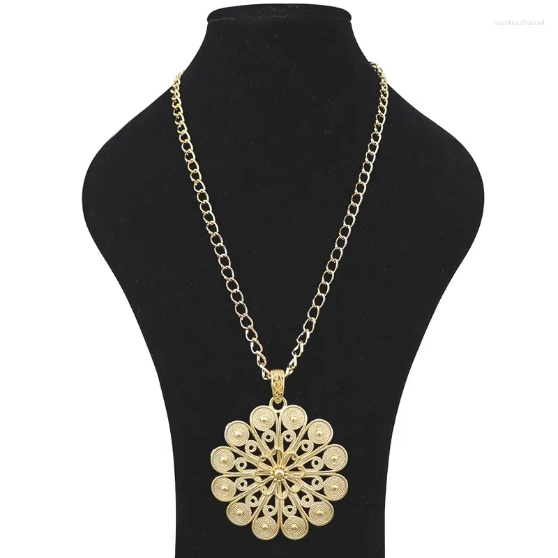 Chains 1 X Matte Gold Color Boho Large Abstract Round Spiral Flower Pendant Necklaces Metal Jewellery On Long Link Chain Lagenlook 34