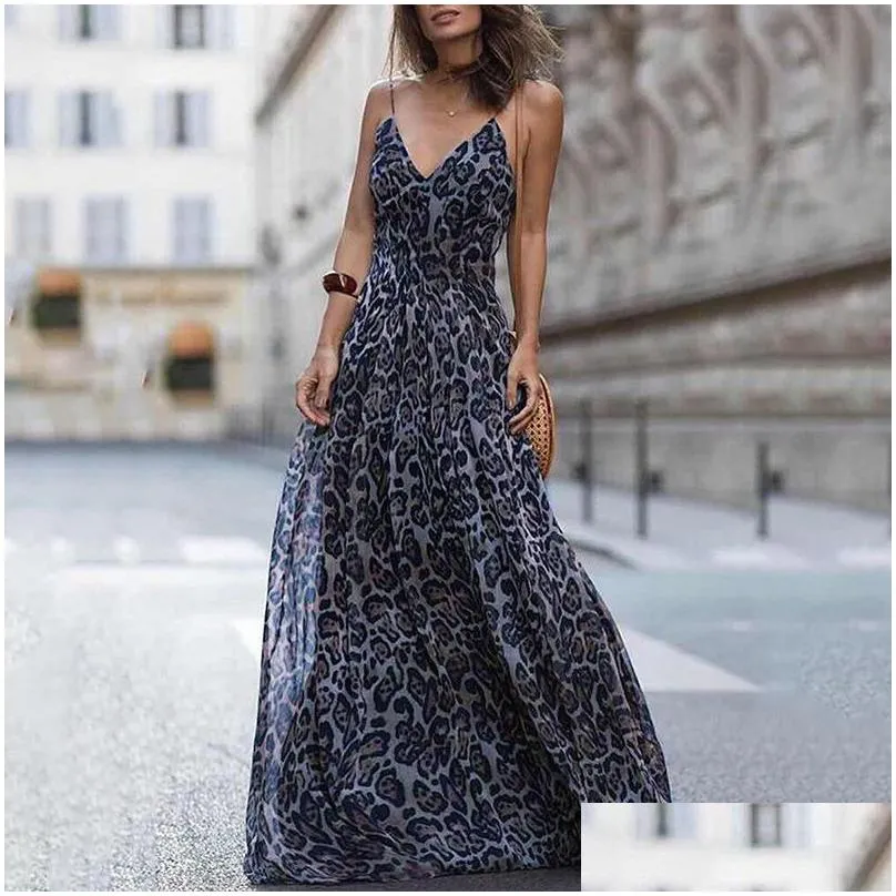 Basic & Casual Dresses Fashion Y Dress Leopard V-Neck Sling Maxi Women Summer Sleeveless Chiffon Beach Long Robe Tops Drop Delivery A Dhs7O
