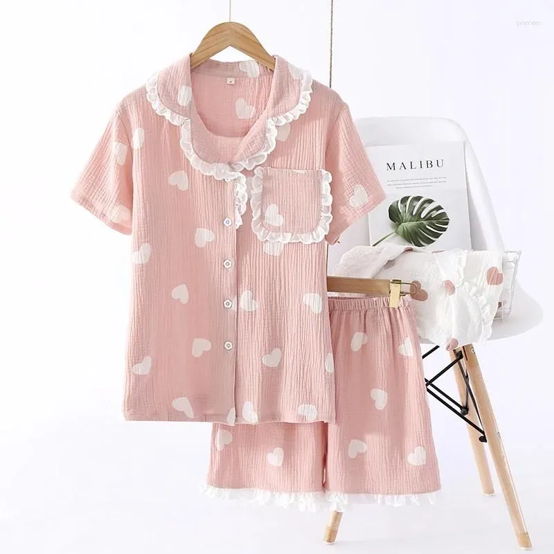 Women`s Sleepwear 2 Piece Summer Lace Short-Sleeved Pajamas For Women Love Homewear Set Cotton Crepe Simple  Female Pijama Suit