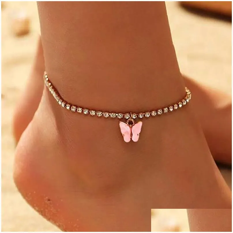 Anklets Korean Fashion Butterfly Rhinestone Crystal Foot Bracelet Boho Beach Sweet Acrylic Anklet For Drop Delivery Jewelry Dhekw