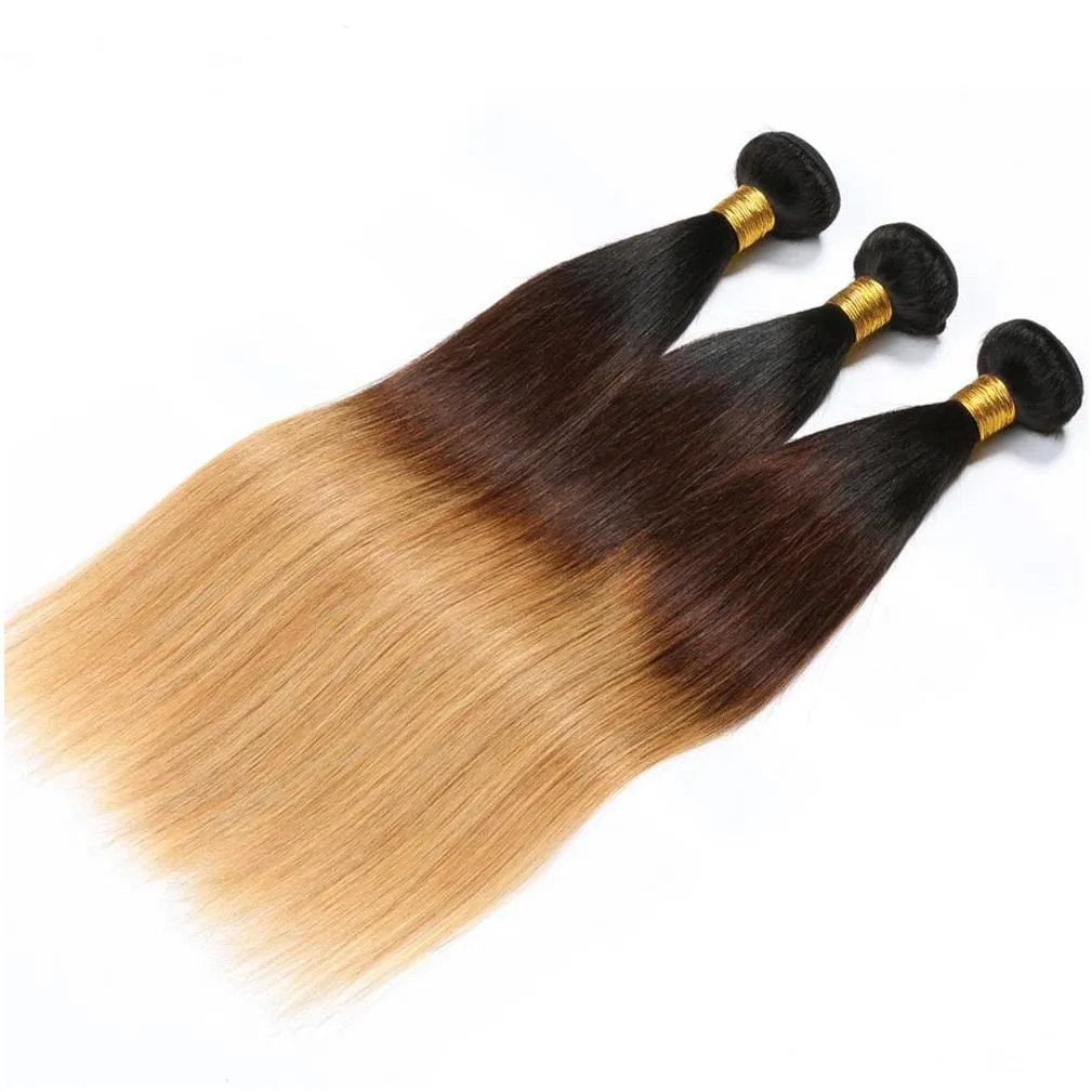 1B 4 27 Honey Blonde Ombre Brazilian Human Hair Straight Weaves with Closure Three Tone Colored 4x4 Front Lace Closure with