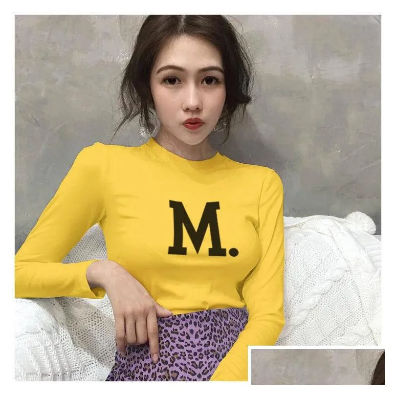 Women`S T-Shirt Womens Harajuku Top Long Sleeve Turtleneck Korean Fashion Style Letter Printed Tees Female Kawaii Autumn Y Drop Delive Dhav2