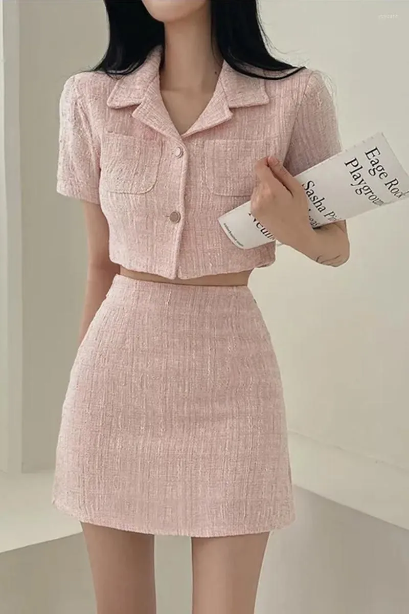 Work Dresses Sweet Girl Suit Women`s Summer Tweed Short-sleeved Coat High Waist A-line Hip Mini Skirt Two-piece Set Fashion Female