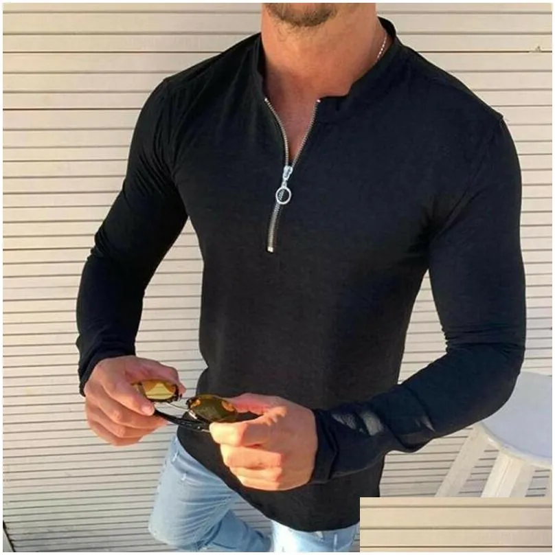 Men`S T-Shirts Mens Fashion Slim Fit Tees V Neck Long Sleeve Solid Cotton Zipper Male Autumn Muscle Tee Casual Tops S Drop Delivery Ap Dh2Cl