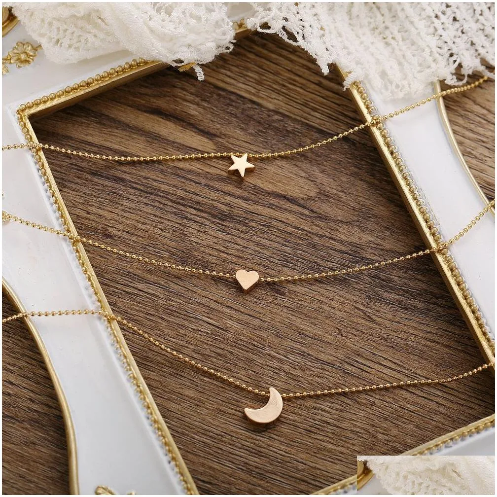 Pendant Necklaces New Fashion Mtilayer Love Heart Womens Gold Moon And Star Ball Chain Necklace Jelwery Drop Delivery Jewelry Pendants Dh8Uh