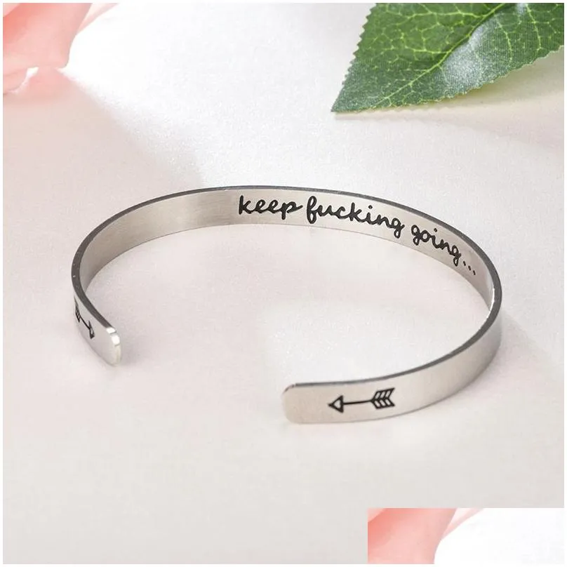 Cuff Fashion Inspirational Letter Bangle Keep Ing Going Bracelet Titanium Steel Arrow Engraved Gifts For Drop Delivery Jewelry Bracel Dhfbs