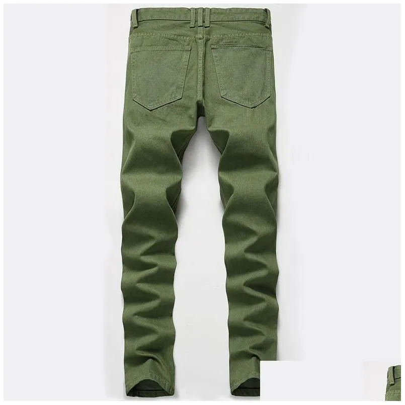 Men`S Jeans Mens Knee Hole Trousers Ripped Army Green Autumn Winter Zipper Washed Retro High Street Fashion Drop Delivery Apparel Clo Dhx0F