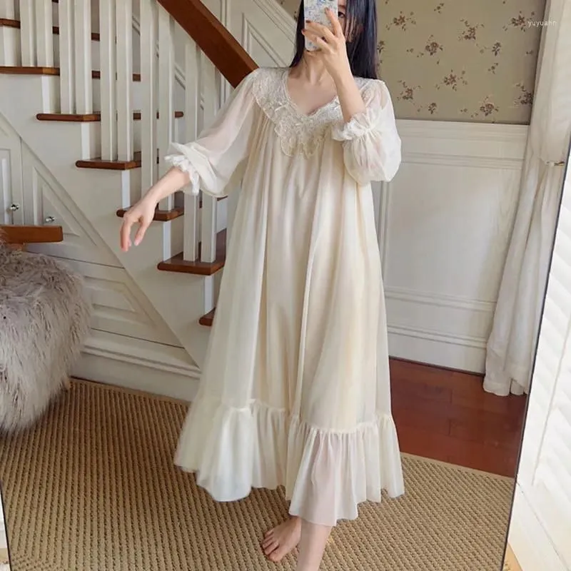 Women`s Sleepwear Princess Victorian Lace Gauze Nightdress French Sexy V-Neck Long Nightie Women Spring Summer Full Sleeves Nightgowns