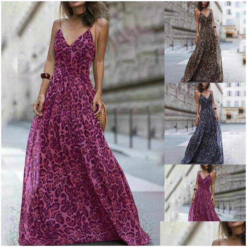 Basic & Casual Dresses Fashion Y Dress Leopard V-Neck Sling Maxi Women Summer Sleeveless Chiffon Beach Long Robe Tops Drop Delivery A Dhs7O