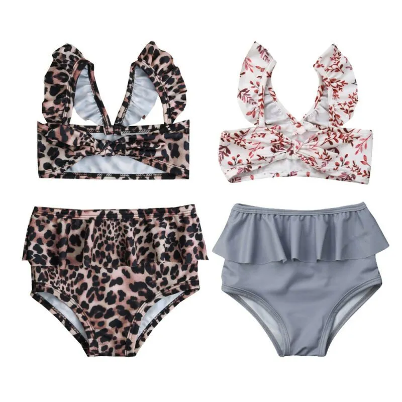 2020 Fashion 2Pcs Toddler Baby Girl Leopard Swimwear Sleeveless Tops Bathing Suit Bikini Outfits Swimsuit Set