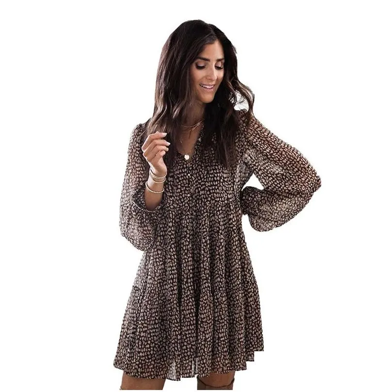 Basic & Casual Dresses Women Dress Loose Leopard Print Lantern V-Neck Spring O-Neck Long Sleeve Elegant Party Flare Swing Drop Delive Dhiqq