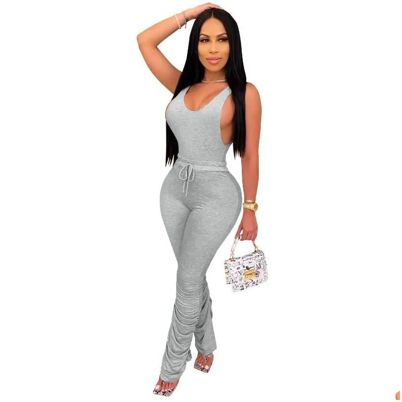 Women`S Tracksuits Cutubly Solid 2 Two Piece Set Sleeveless Women Outfits Sets Lace Up Casual Woman O-Neck Y Female Sport Pants Suit Dhtyz