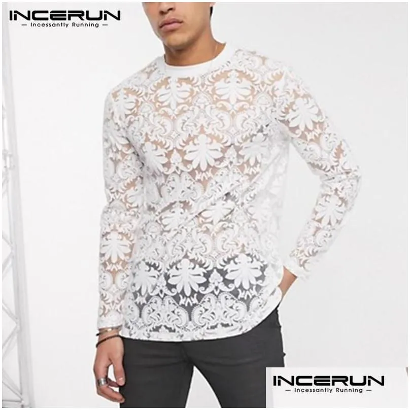 Men`S T-Shirts Mens Fashion Lace Printed Men T Shirt Long Sleeve Round Neck Casual Tee Tops Y Transparent Party Nightclub Drop Deliver Dhwja