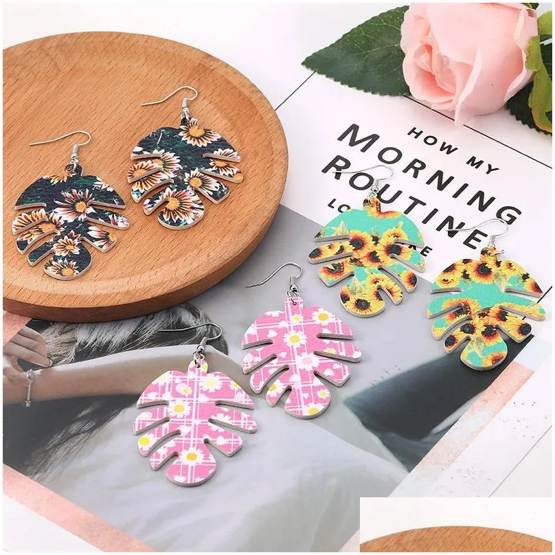 Dangle & Chandelier Bohemian Statement Pu Leather Earrings Jewelry Vintage Ethnic Sunflower Printing Leaf Shape For Drop Delivery Dhsol