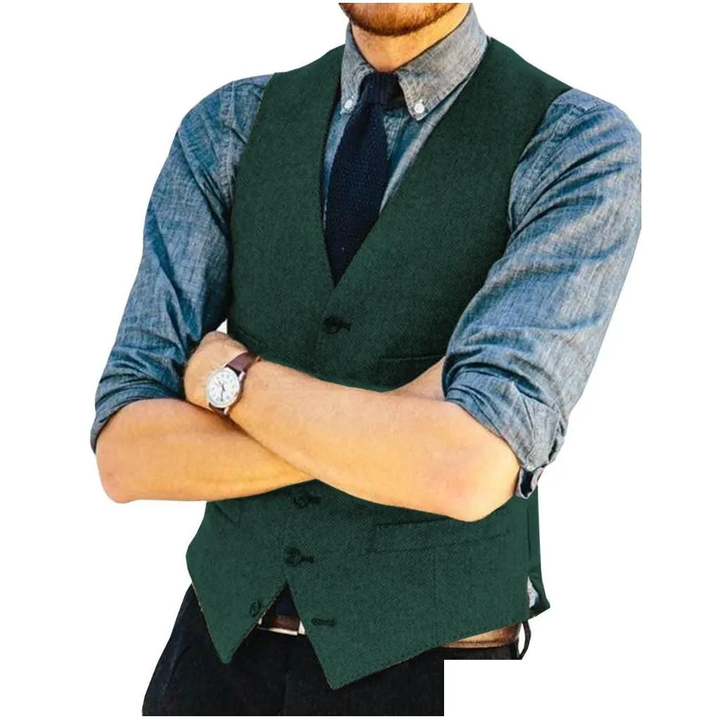 Men`S Vests Mens Suit Vest V Neck Herringbone Slim Fit Formal Green/Black/Brown Business Single-Breasted Waistcoat Groomman For Drop D Dhikr