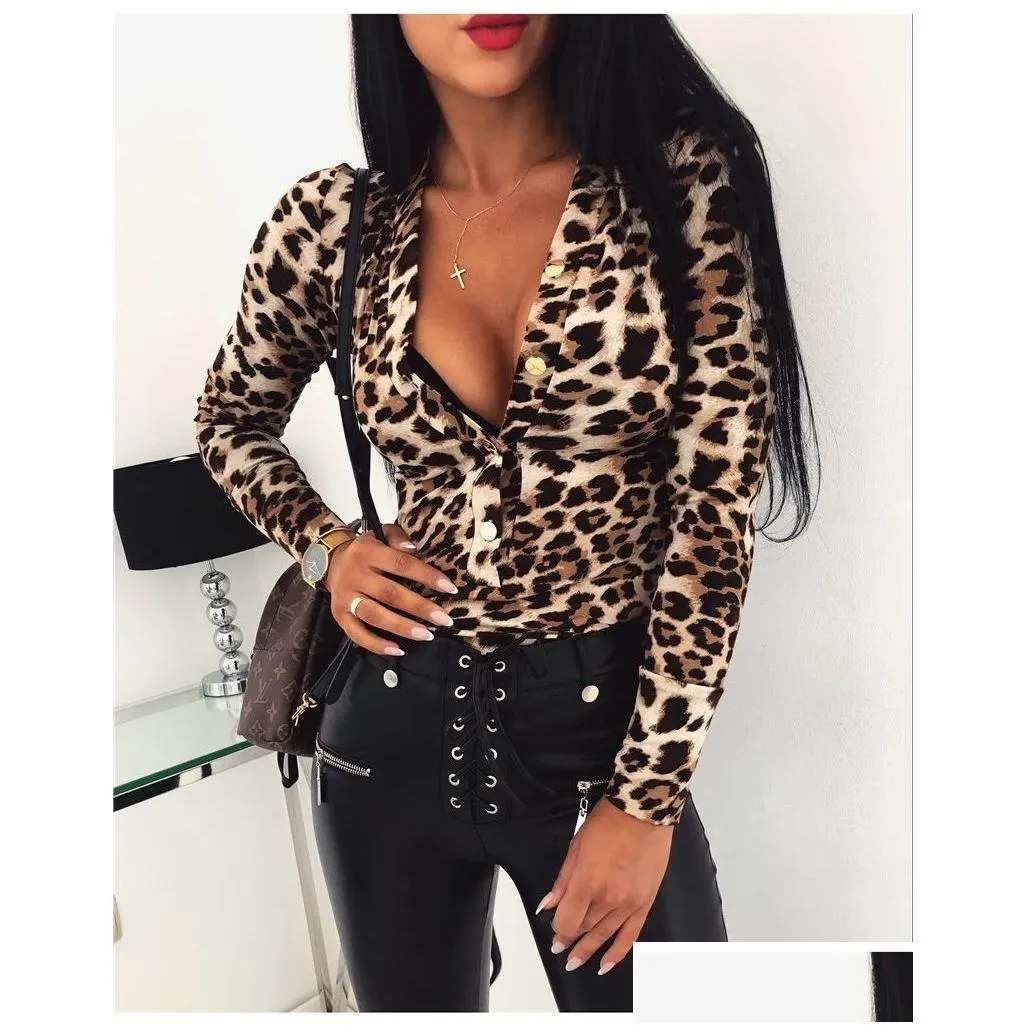 Women`S Blouses & Shirts Womens Y Leopard Print Snakeskin Pattern Long Sleeve Button Down Chiffon Blouse Jumpsuit Shirt Tops Drop Del Dhcwi