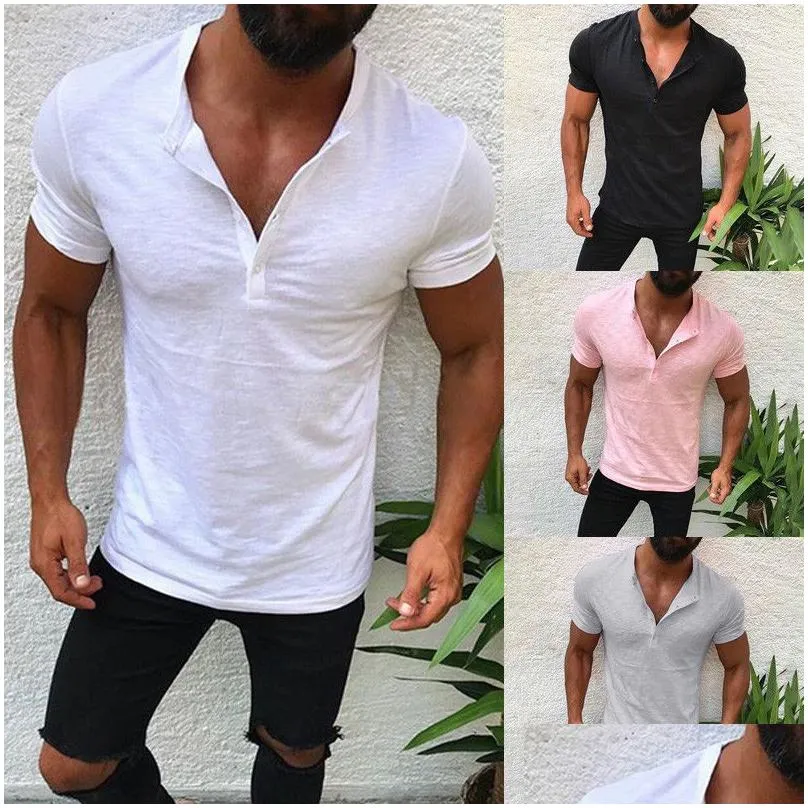 Men`S T-Shirts Mens T Shirts Button Solid Color European And American Casual Fashion Slim V-Neck Short Sleeve T-Shirt Clothes Drop Del Dhuch