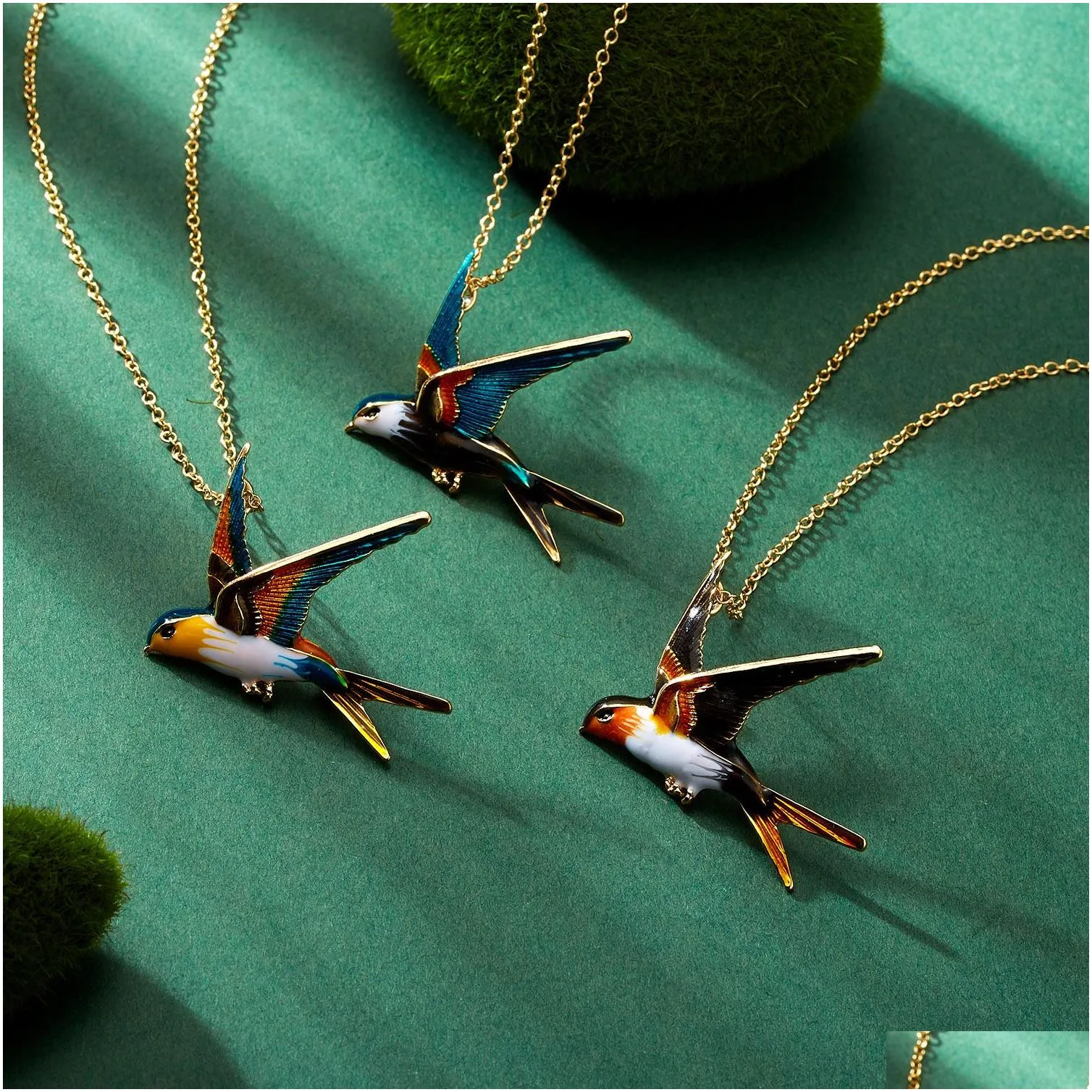 Pendant Necklaces Fashion Flying Llow Necklace Cute Blue Enamel Bird Brooch Bridal Wedding Party Anniversary Mothers Day Gift Jewelry Dhknq